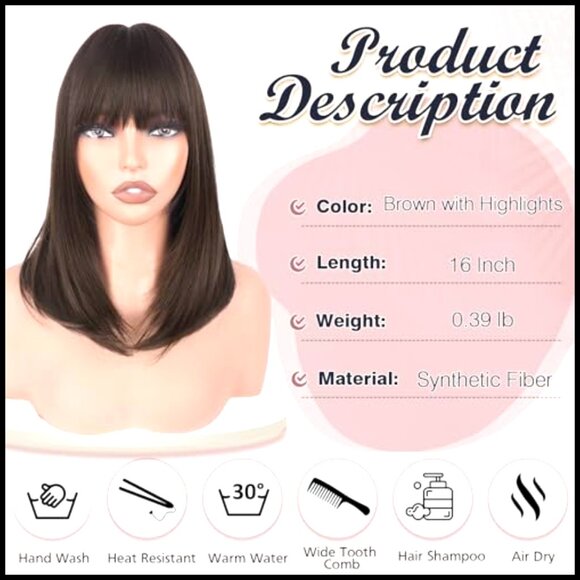 Synthetic Bob Wig with Bangs Heat Resistant Straight Shoulder Length Party main image 4